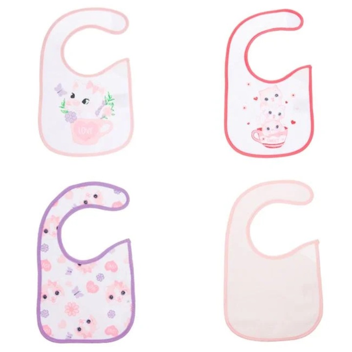 Set Bavete Medii Impermeabile pentru Fete, Model Pisicute, Roz si Lila, Inchidere cu Arici, 75% Bumbac