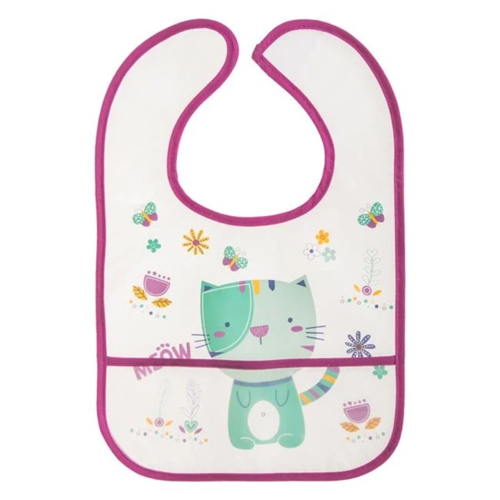 Baveta Transparenta cu Buzunar Colector, Margine Fucsia si Model Pisicuta Verde Menta, Inchidere Scai, 23x35 cm