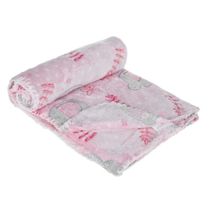 Paturica Bebe Catifea Soft VENITIVO® model Elefantel, roz 110 x 80 cm, Patura Moale pentru Nou Nascuti, Patut, Carucior sau Scaun Auto