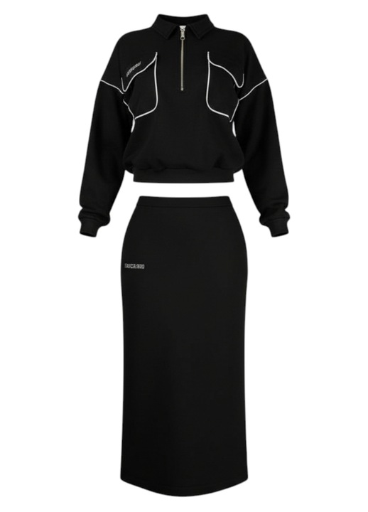 Set pentru femei Celevri sport casual, Bluza cu fermoar si fusta lunga, Bumbac premium, Negru