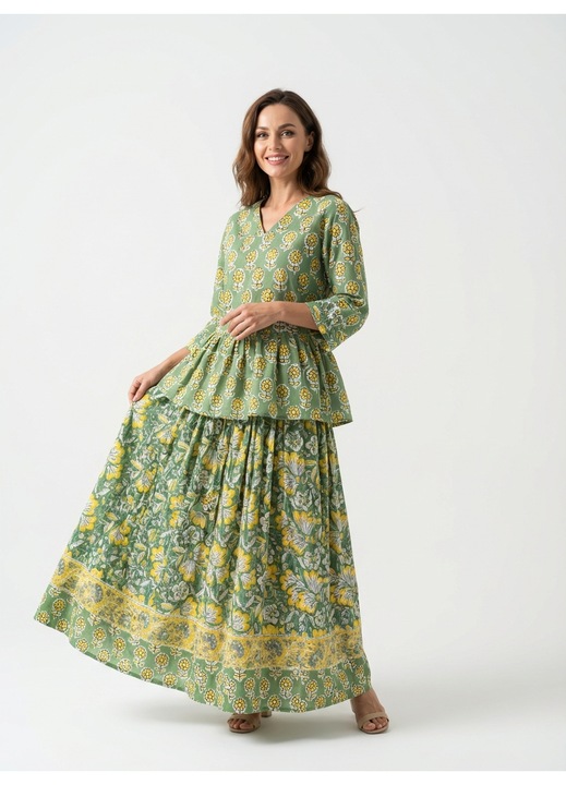 Costum dama, fusta si bluza, bumbac imprimat manual, verde, marime M