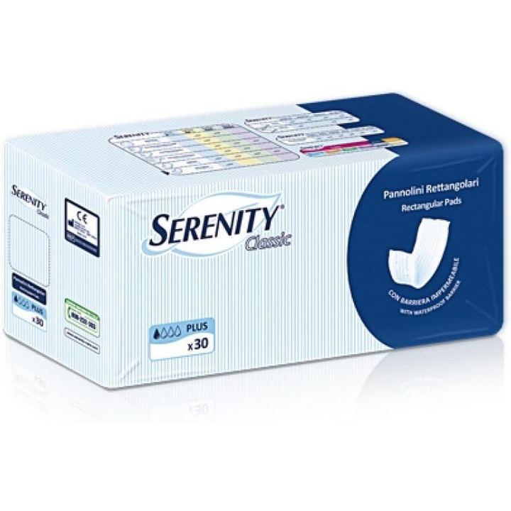 Absorbante igienice dreptunghiulare Serenity cu bariera, pachet de 30 de bucati, PLUS