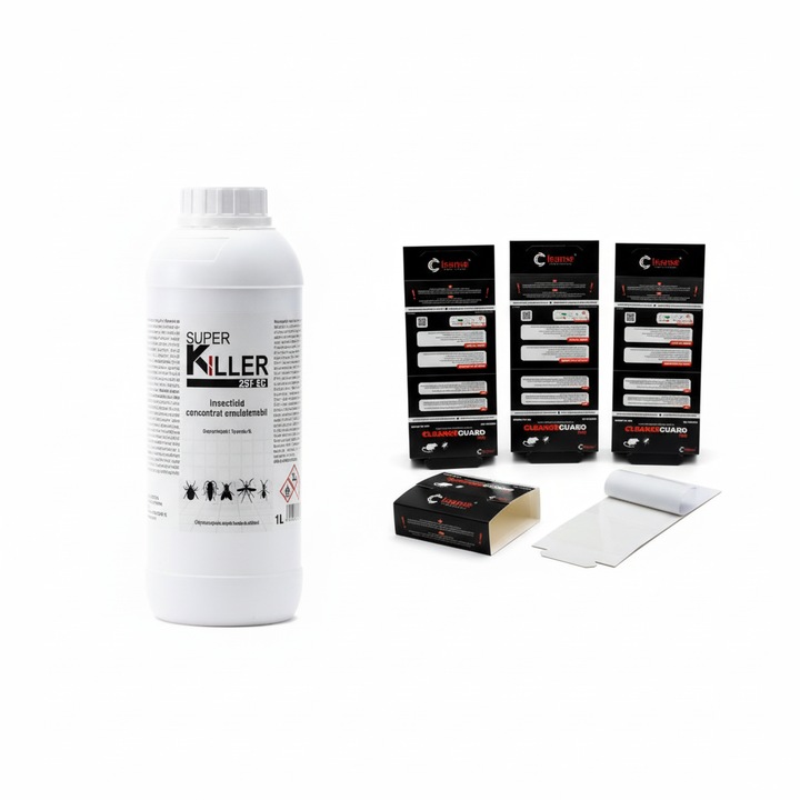 Super Killer 25T-EC, pentru combaterea insectelor taratoare si zburatoare, gandaci, plosnite, muste, purici, capuse - flacon 1 L + 5 Capcane gandaci, soareci si sobolani cu lipici CleanseGuard PRO, placa adeziva