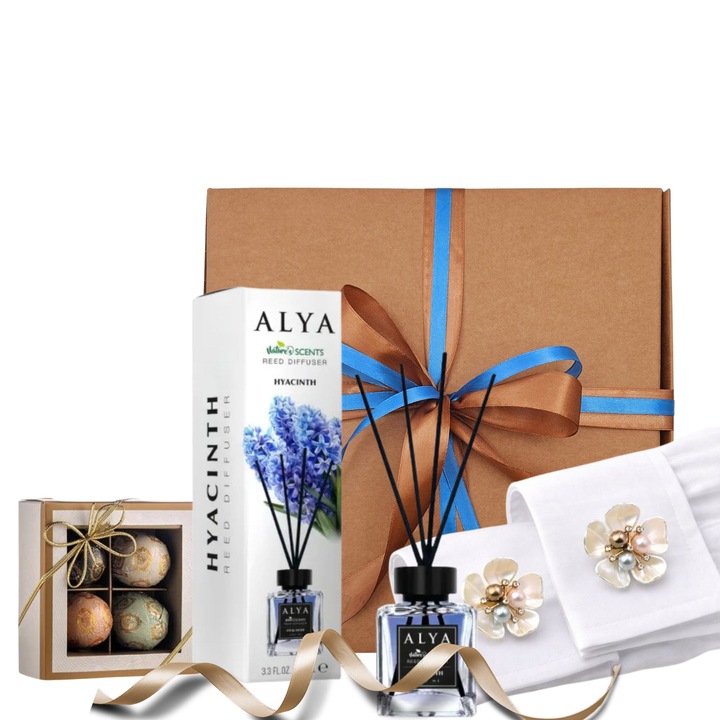 Set cadou Graceful Attention, parfum zambila 100 ml, praline 130 g, accesoriu floral, cutie eleganta