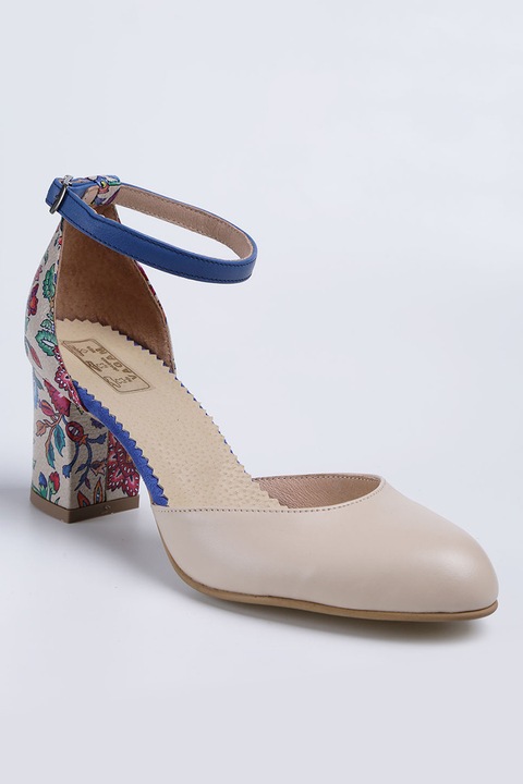 VAGAM, Pantofi din piele cu imprimeu floral pe partea din spate, Crem