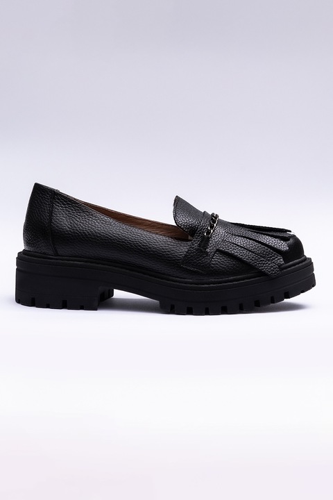 VAGAM, Pantofi loafer din piele cu franjuri, Negru