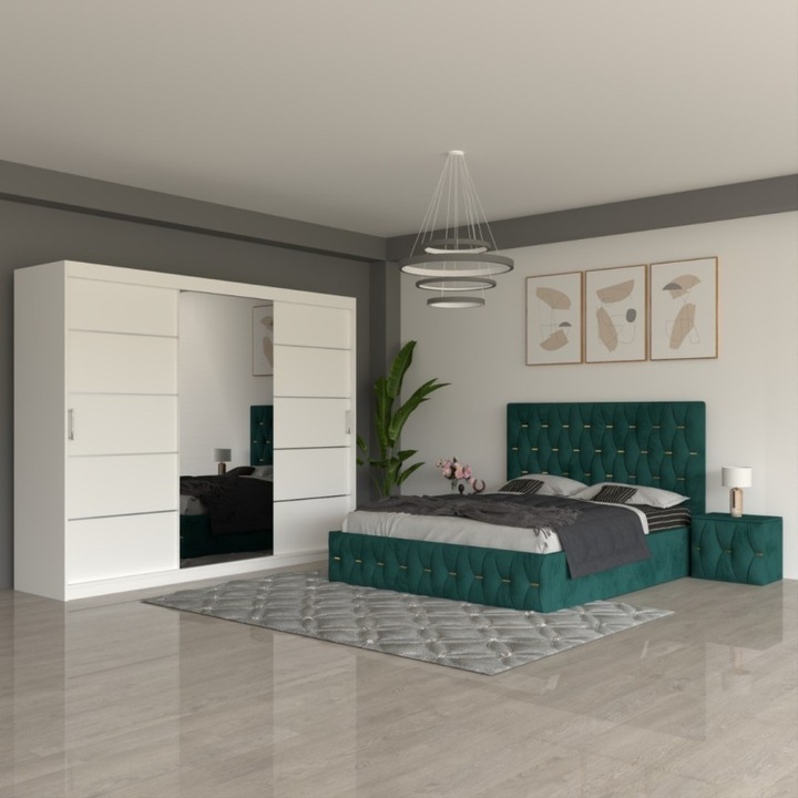 Set dormitor CELA Eric, pat 180x200, dulap alb 250cm, noptieră, verde