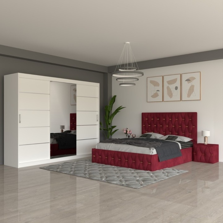 Set dormitor CELA, pat rosu 180x200, noptiere tapitate, dulap alb 250x60x208cm