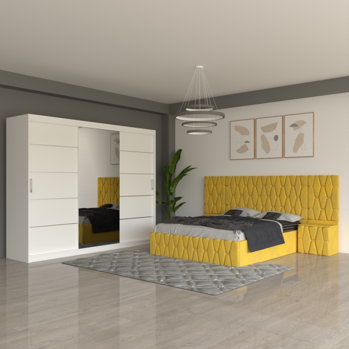 Set Dormitor CELA Eric, galben, pat 160x200cm, dulap 250x60x208cm, noptieră 48x42x33cm
