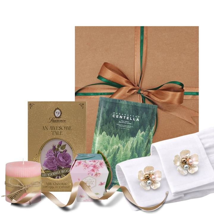 Set cadou pentru femei, houseofgifts, masca faciala Centella Asiatica, sare de baie Sakura, cutie eleganta