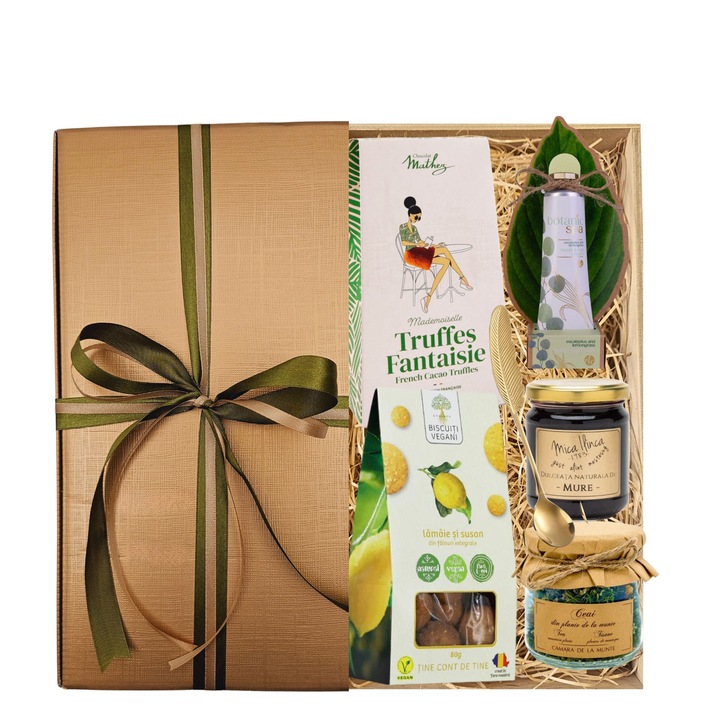 Set Cadou Modern Femininity, houseofgifts, trufe ciocolată, ceai plante din munte, dulceată de mure, biscuiți vegani, cutie elegantă