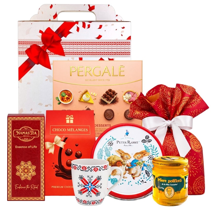 Pachet cadou Paste fara alcool, Cadouri Rafinate®, Sarbatoare Dulce – cadou festiv cu panettone, miere poliflora, fursecuri daneze in cutie metalica de colectie, praline ciocolata, ceai premium si cana traditionala, ambalat elegant