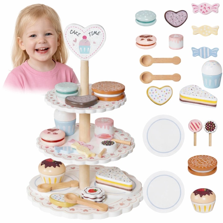 Platou cu prajituri din lemn Cakeo, Set cofetarie cu briose si biscuiti, Joc de rol pentru copii, Multicolor