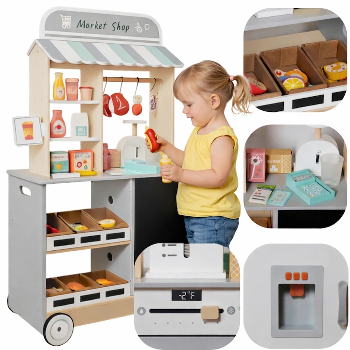 Magazin mare din lemn pentru copii Mibbi, Taraba cu legume si accesorii incluse, Supermarket XXL, Multicolor