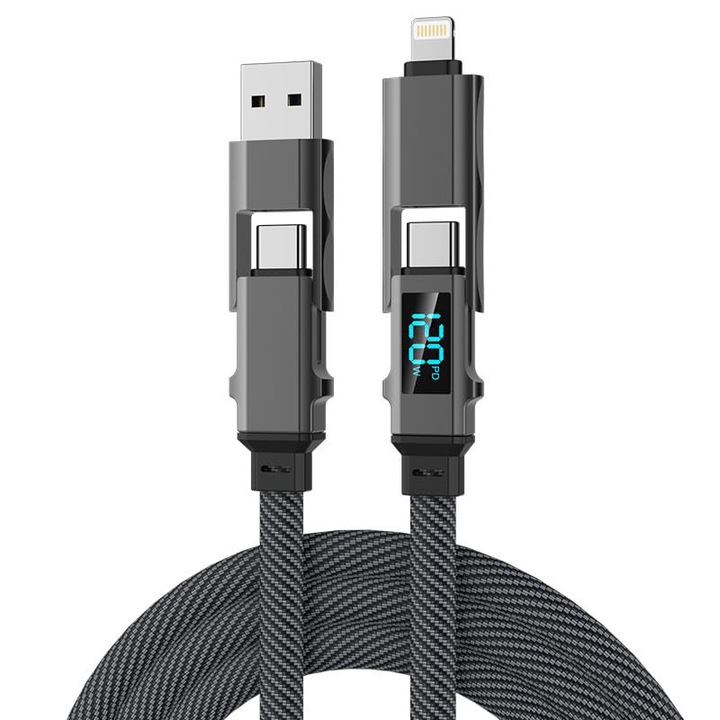 Cablu de date CRE8VE3®, 2m, cu ecran LED, incarcare rapida 4 in 1, USB-C PD 120W, Lightning 27W Fast Charge, type-c, compatibil cu iPhone/iPad/Samsung/Huawei/Xiaomi, impletit, stil mecanic