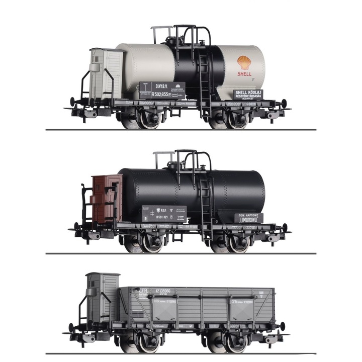 Set 3 vagoane marfa CFR/MAV/PKP, Tillig, H0, multicolor, 314mm, 70051