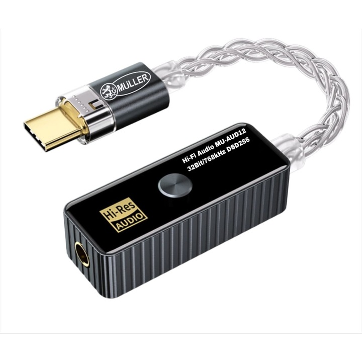 Adaptor audio profesional Muller®️ pentru telefon, USB Type C - Jack 3.5 mm TRSS AUX, DAC ADC amplificator incorporat 32bit 768Khz, Hi-Res Hi-Fi, Negru
