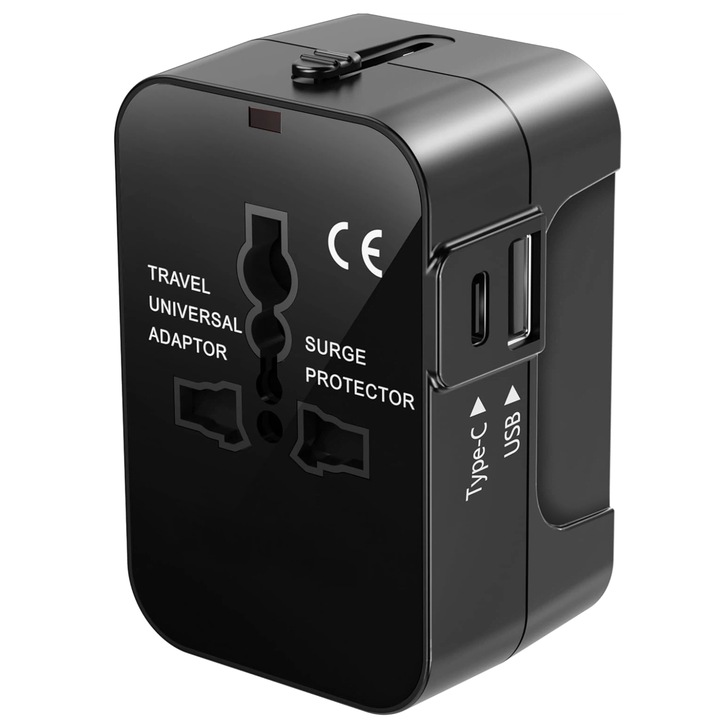 Adaptor Priza Universal International De Calatorie, Omelivon, 1x USB + 1x Type-C, Compatibil US/UK/EU/Australia/Asia, Cu Protectie Siguranta, Pentru Telefon, Laptop, Accesorii, Design Compact, Negru