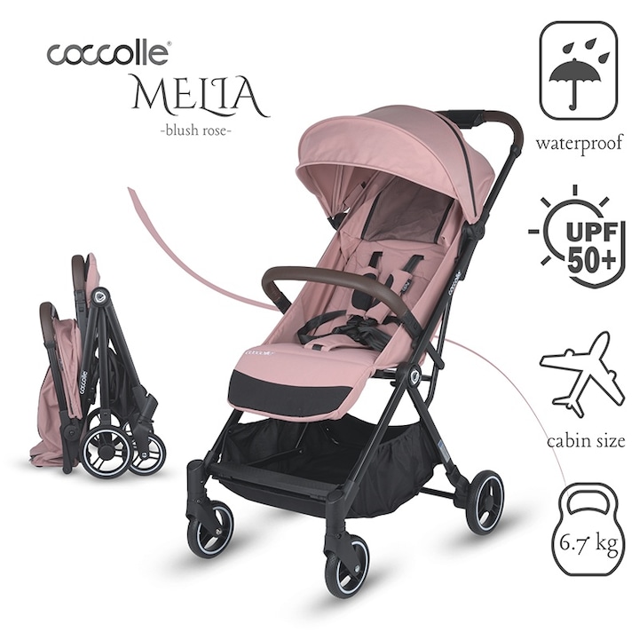 Carucior sport autofold Coccolle Melia, Cadru aluminiu anodizat, Copertina XXL cu protectie UV 50+, Garda la sol mare, Ramane in pozitie verticala dupa pliere, certificat pana la 22 kg, Blush Rose