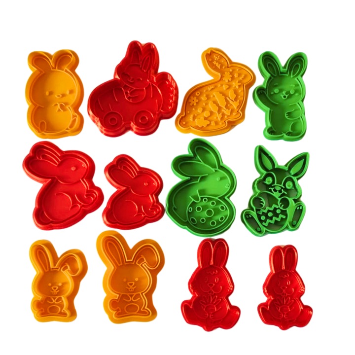 Set 12 forme prajituri CookieStamps pentru biscuiti, fursecuri, ciocolata, plastilina, Figurine Iepurasi de Paste Plastic Multicolor