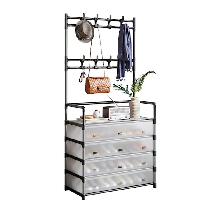 Cuier Multifunctional Pentru Hol Cu 5 Rafturi Pentru Pantofi Si 8 Carlige Duble, Organizator Haine Si Incaltaminte, Metal Si MDF, Design Modern, Montaj Usor – FABRILUX®