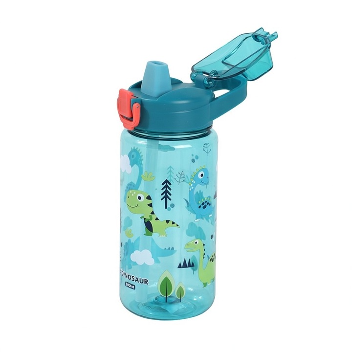 Sticla de apa LISM® pentru copii 600 ml, fara BPA, capac cu deschidere one-touch, incuietoare de siguranta, maner integrat, mustiuc din silicon alimentar, design cartoon pe corp - Verde Dinozaur