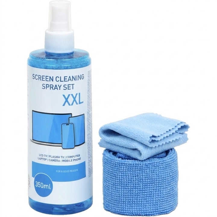 Solutie Profesionala de Curatat Ecrane, Aloro®, Format Mare 350ml, Indeparteaza Amprentele si Praful, cu 2 x Lavete Speciale Incluse