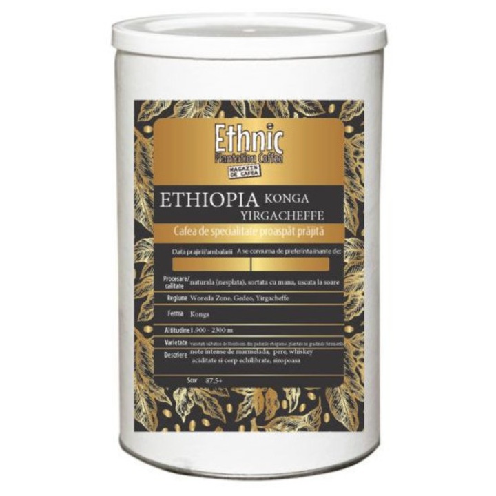 Cafea de specialitate prajita boabe, Ethnic Plantation Coffee, Ethiopia Konga Yirgacheffe natural, 150g cutie