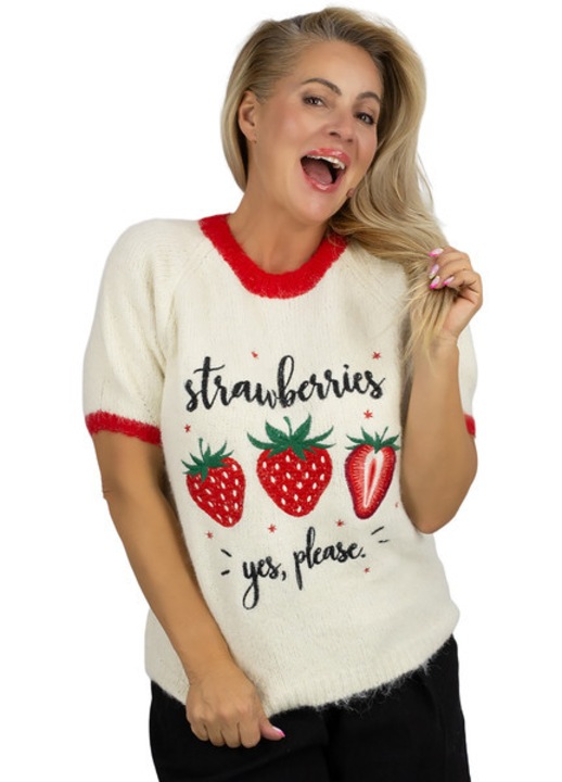 Pulover dama Agrafka, tip ALPAKA, imprimeu fructat, rosu, marime unisize