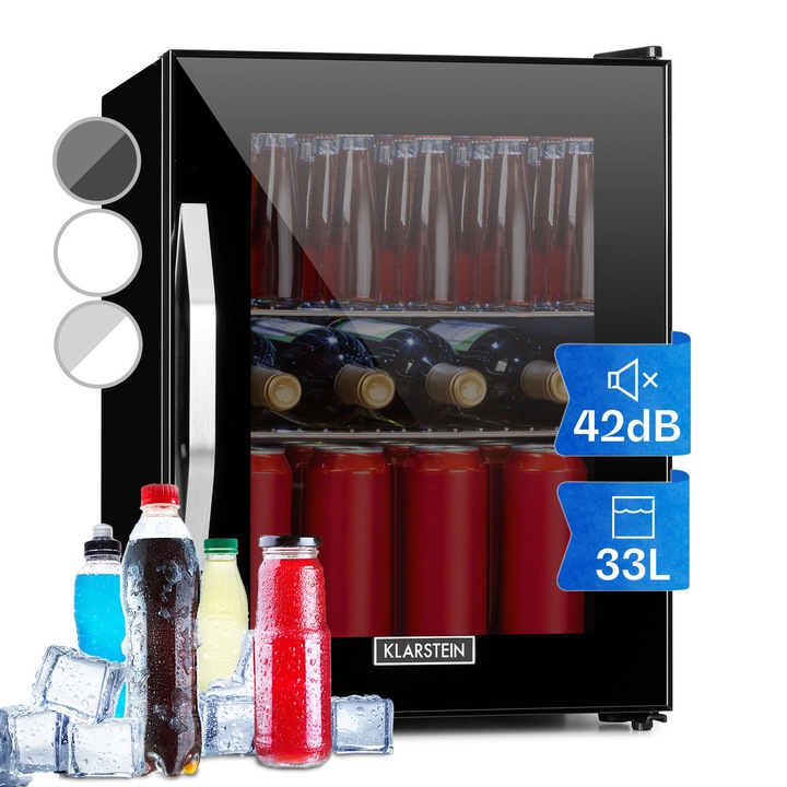 Frigider Klarstein Beersafe M Onyx, 33L, 2 gratare metalice, usa din sticla, C, LED, 40.5x54x44cm