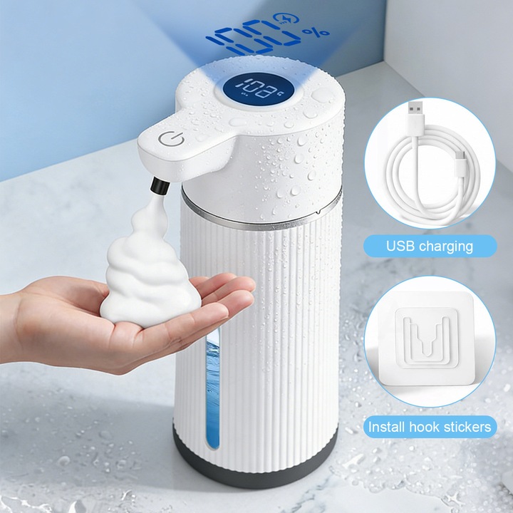 Dozator Automat de Sapun Tip Spuma, 4 Niveluri de Dozare, Display LED, Incarcare USB Tip C, Senzor de Miscare, Impermeabil IPX6, 420ml, Montaj pe Perete, Utilizat ca Dispenser Sapun sau Dezinfectant, Ideal pentru Bucatarie, Baie, Hotel sau Birou, Alb