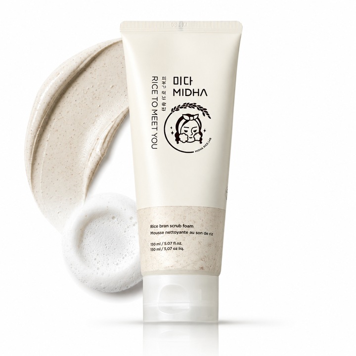 Spuma de curatare exfolianta coreeana pentru fata cu apa din tarate de orez si particule fine de orez, curata porii si impuritatile, machiajul usor, excesul de sebum si celulele moarte, pentru textura mai neteda, MIDHA Rice Bran Scrub Foam, 150 ml
