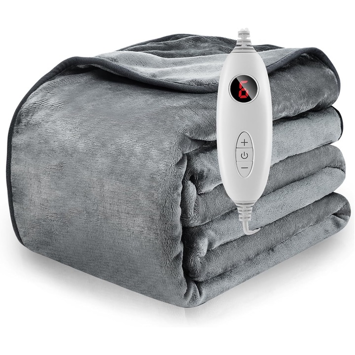 Patura electrica incalzita din flanel – 130 x 160 cm, 6 trepte temperatura, gri