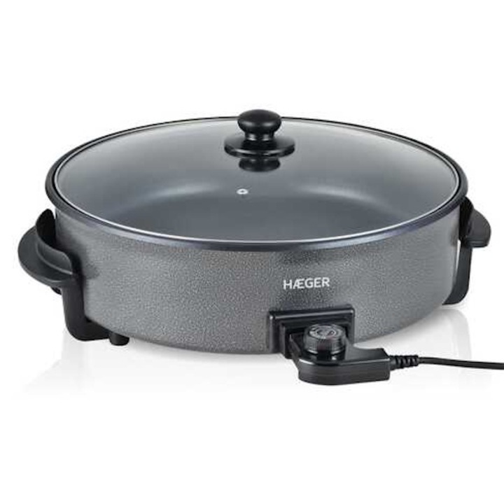 Tigaie electrica Haeger GR-042.011A, diametru 42 cm, adancime 7 cm, material interior non aderent, Termostat detasabil, Capac din sticla