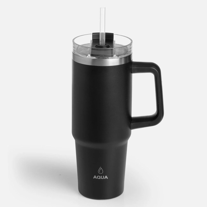 Fekete rozsdamentes acél termosz pohár fogantyúval és szívószállal, 900ml