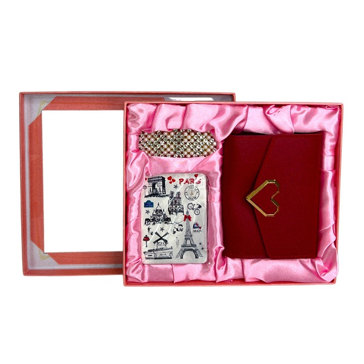 Set cadou pentru femei Velve JESOU COLLECTION, portofel elegant, oglindă compactă, clemă de păr cu perle și cristale, cutie elegantă