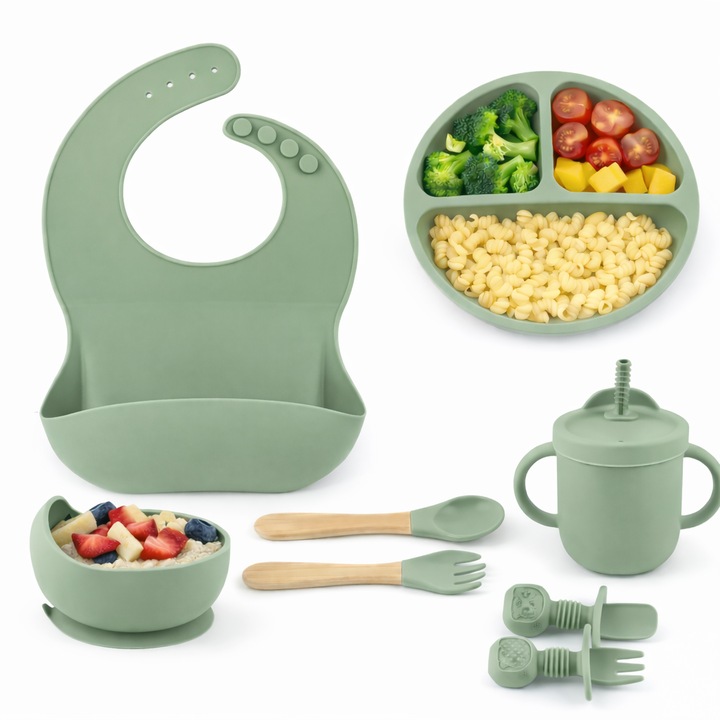 Set Diversificare Bebelusi 8 Piese, Hranire Copii, Silicon BPA Free, Farfurie Compartimentata, Bol cu Ventuza, Tacamuri, Baveta, Cana – Verde