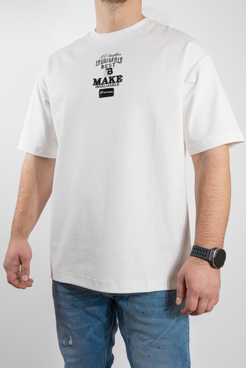 Tricou barbati, oversize, 1639, detalii brodate, bumbac, Alb