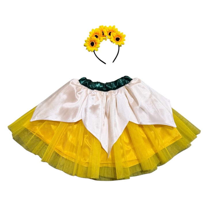 Set 2 accesorii costum floarea soarelui. fusta si bentita flori, multicolor, 5-7 ani, 110-122 cm