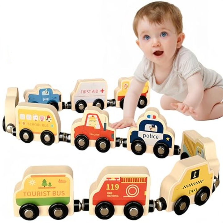 Set de tren magnetic din lemn cu dinozauri, Visunso, jucarie educativa,10 vagoane, multicolor, pentru copii 1-3 ani
