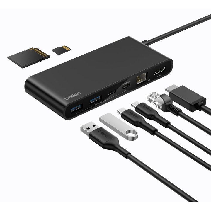 Hub USB C 8-in-1 Belkin Connect, rezolutii de afisare de pana la 4K la 60 Hz, potrivit pentru laptopuri Mac, Windows si Chromebook, 100W PD, Transfer de date la 10 Gbit/s, 2, 5 Gbps Ethernet, Negru