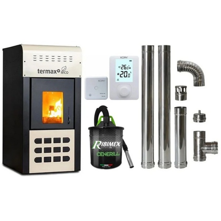 Pachet economic, Termosemineu pe peleti Termax Kamin ECO, 25 kW, 160 mp, buncar peleti 45 kg, diametru cos fum ⌀80 mm, vas expansiune si pompa recirculare incluse, Crem + Termostat KOPH 303RF + Aspirator cenusa 1