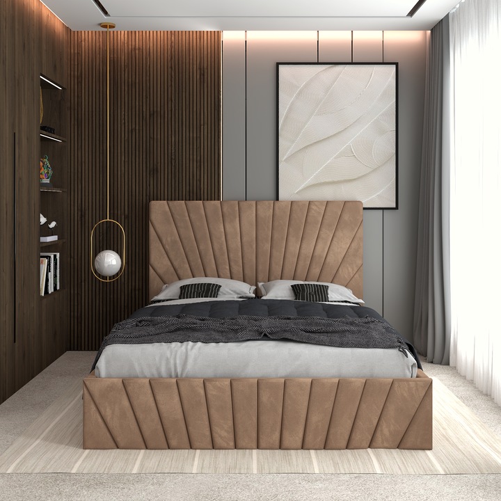 Pat tapitat Astra, crem, 120x200cm, cadru din PAL, tablie inalta