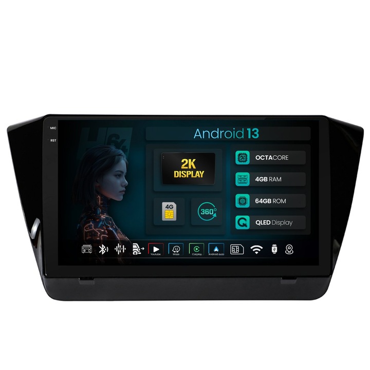 Navigatie 2K HUB64 Superb 3 (2015, ), 4GB RAM, Android 13, Octacore, Slot Sim 4G, DSP, GPS, Wi-FI, Carplay, Android Auto, USB, Bluetooth, Waze, Touchscreen, 10.36 Inch