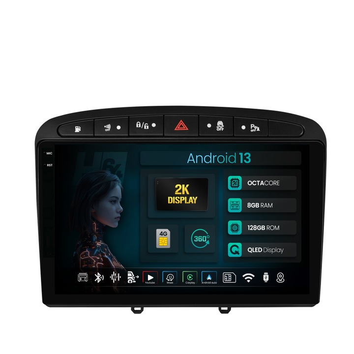 Navigatie 2K HUB64 Peugeot 308, 408 (2008-2013), 8GB RAM, Android 13, Octacore, Slot Sim 4G, DSP, GPS, Wi-FI, Carplay, Android Auto, USB, Bluetooth, Waze, Touchscreen, 9.5 Inch