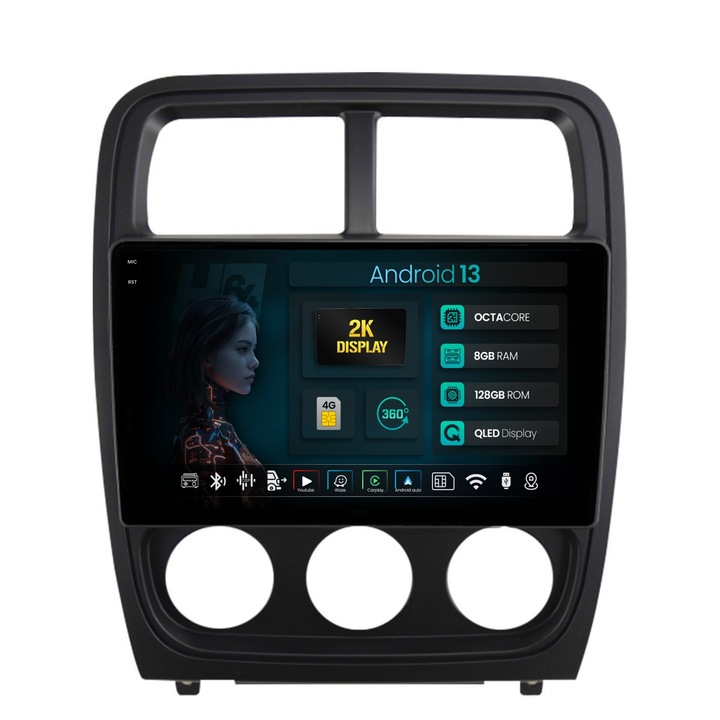 Navigatie 2K HUB64 Dodge Caliber (2010-2012), 8GB RAM, Android 13, Octacore, Slot Sim 4G, DSP, GPS, Wi-FI, Carplay, Android Auto, USB, Bluetooth, Waze, Touchscreen, 9.5 Inch
