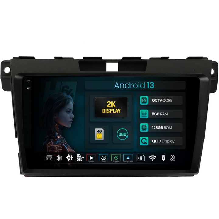 Navigatie 2K HUB64 Mazda CX-7 (2008-2013), 8GB RAM, Android 13, Octacore, Slot Sim 4G, DSP, GPS, Wi-FI, Carplay, Android Auto, USB, Bluetooth, Waze, Touchscreen, 9.5 Inch