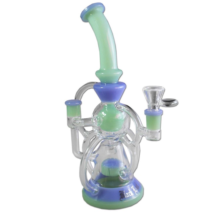Dispozitiv Bong Black Leaf, percolator tip showerhead, sistem recycler, albastru/verde, 26.5 cm