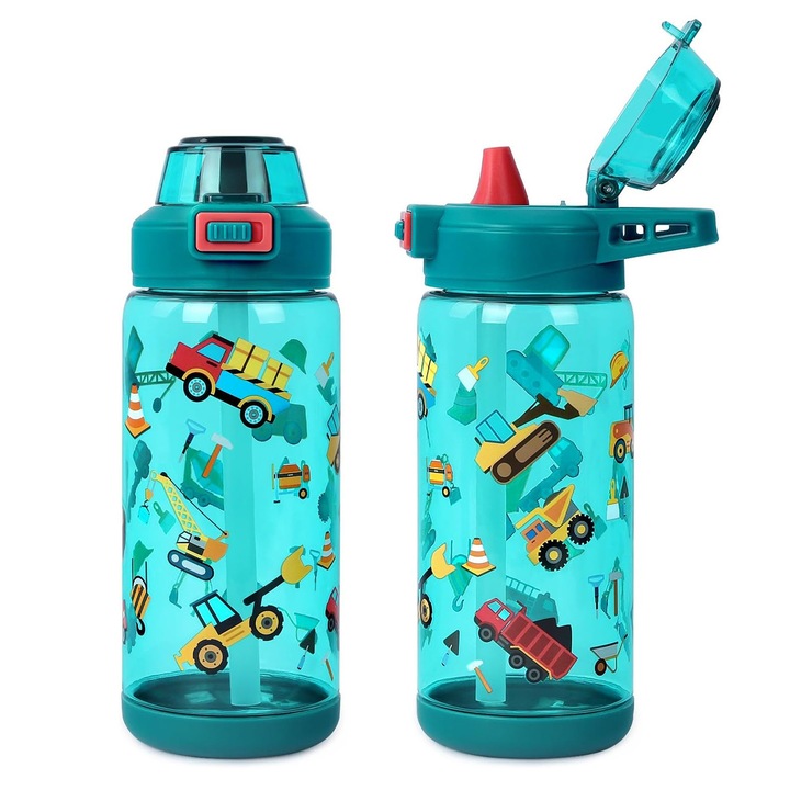 Sticla de apa pentru copii 600 ml LISM®, plastic durabil fara BPA, maner integrat, capac cu deschidere buton si incuietoare de siguranta anti-curgere, design cartoon - Verde cu Masina de constructii
