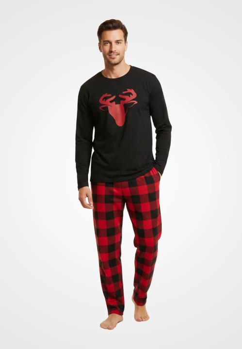 Pijama Barbati din Polar – Bluza Neagra cu Ren Cusut & Pantaloni Rosii cu Carouri